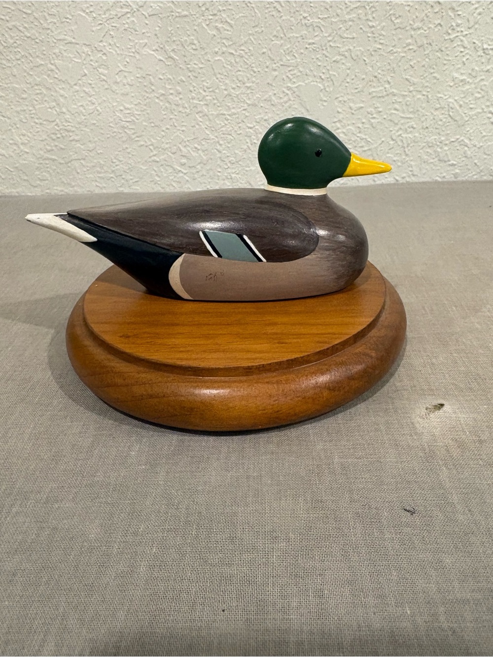 Vintage Signed Hand Carved Wooden Mallard Duck Decoy on Display Plaque Folk Art